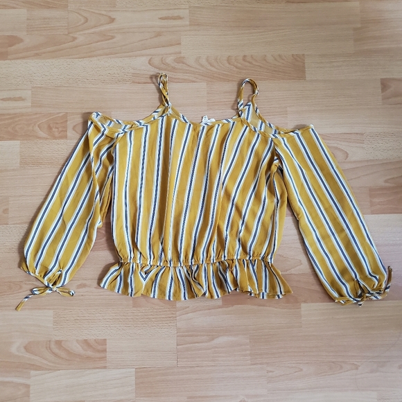 Chocolate Tops - BNWOT chocolate blue mustard yellow striped cold shoulder blouse top small